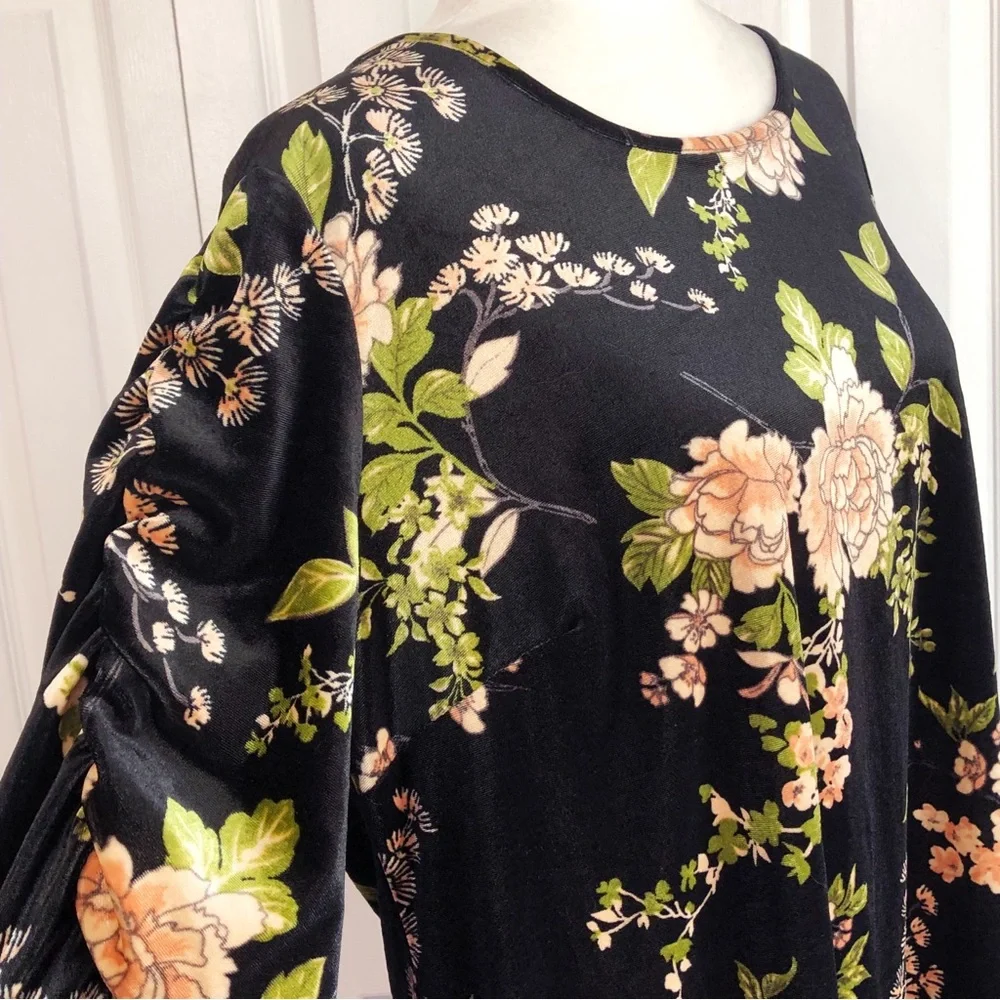 Capsule Black Multi Floral Velvet Ruched Long Sleeve Shift Dress 16 - Picture 5 of 16